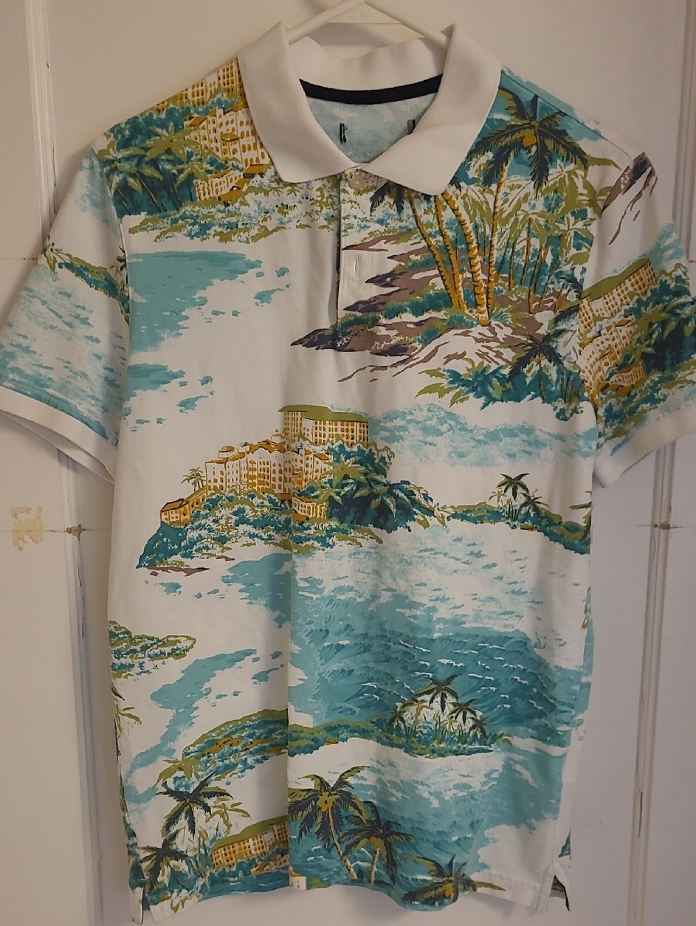 Men's White & Teal Tropical Print Polo Shirt